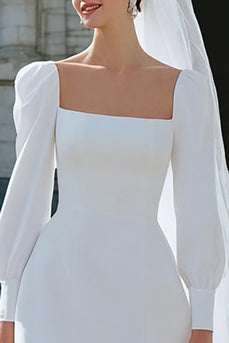 Ivory Satin A Line Square Neck Short Wedding Dress with Sleeves