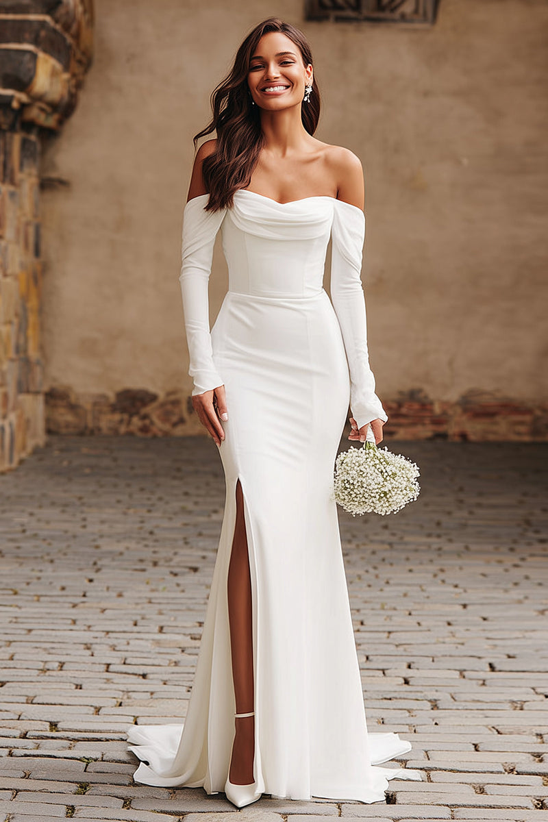 Load image into Gallery viewer, Ivory Mermaid Crepe Off The Shoulder Sweep Train Wedding Dress with Slit