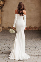 Load image into Gallery viewer, Ivory Mermaid Crepe Off The Shoulder Sweep Train Wedding Dress with Slit