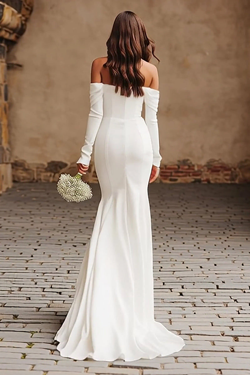 Load image into Gallery viewer, Ivory Mermaid Crepe Off The Shoulder Sweep Train Wedding Dress with Slit