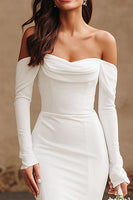 Load image into Gallery viewer, Ivory Mermaid Crepe Off The Shoulder Sweep Train Wedding Dress with Slit