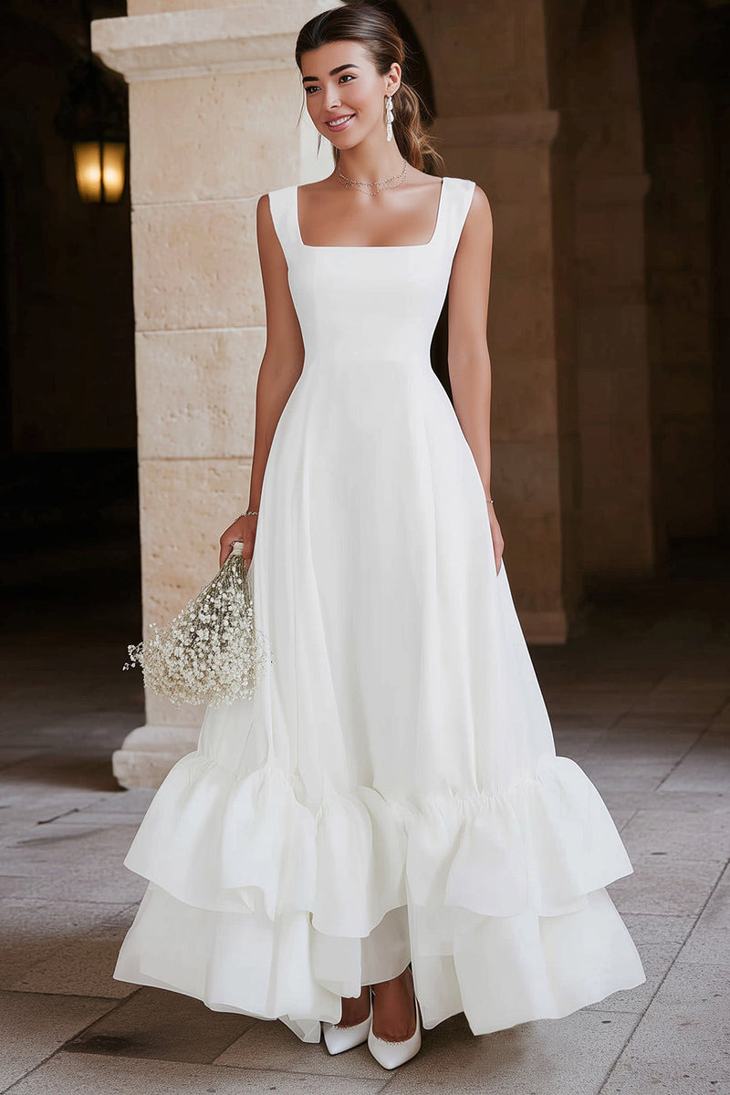 Load image into Gallery viewer, Ivory Satin A Line Tiered Maxi Engagement Dress with Ruffles