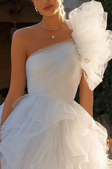 Ivory Tulle One Shoulder A-Line Short Bachelorette Party Dress with Ruffles