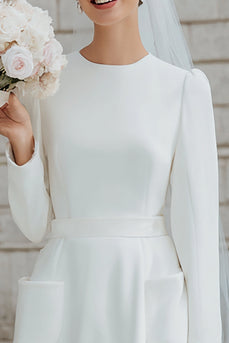Ivory Round Neck  A Line Long Sleeves Short Wedding Dress with Pockets