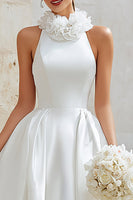 Load image into Gallery viewer, Floral Ivory Satin A Line Princess High Neck High Low Wedding Dress