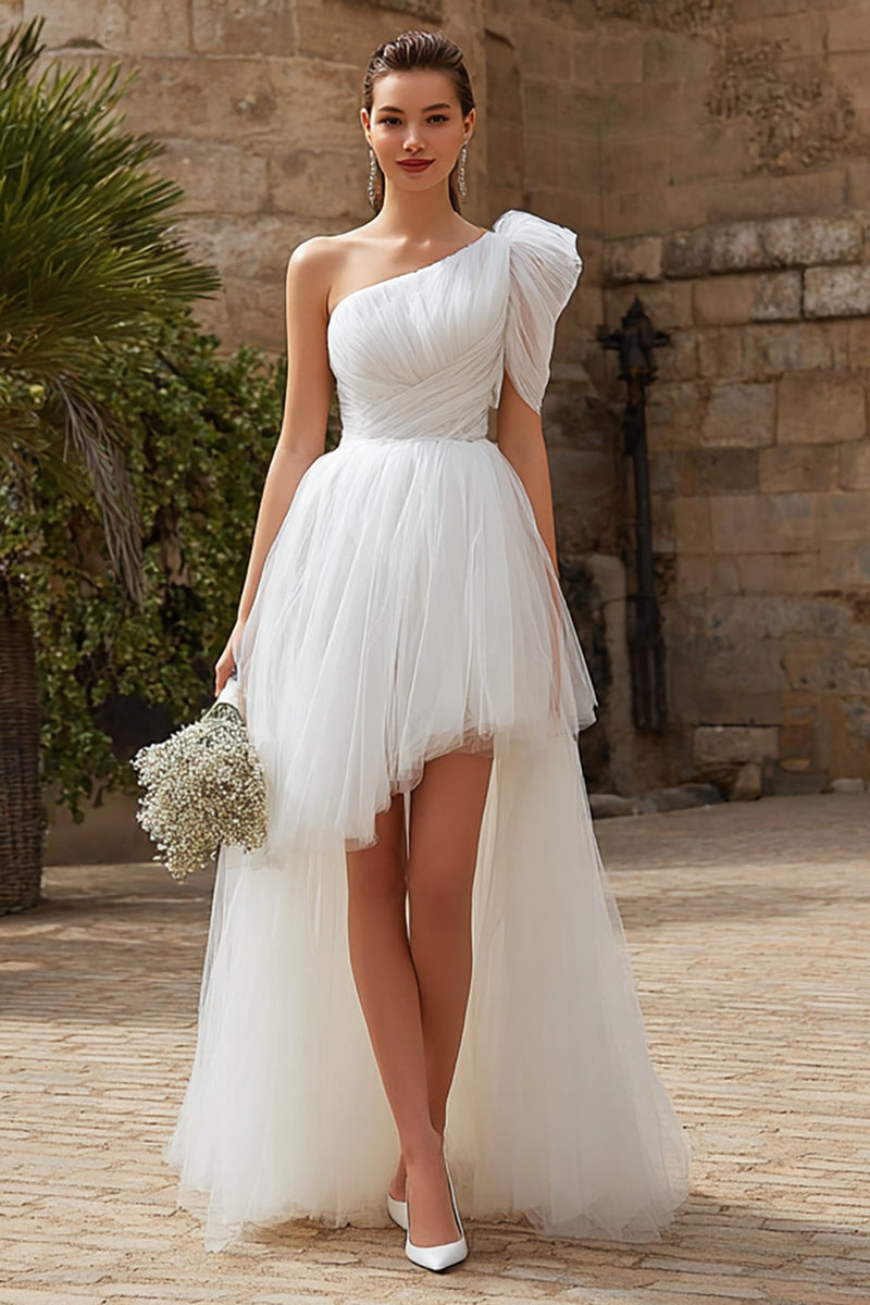 Load image into Gallery viewer, Ivory Tulle One Shoulder A-Line High Low Wedding Dress
