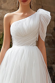 Ivory Tulle One Shoulder A-Line High Low Wedding Dress