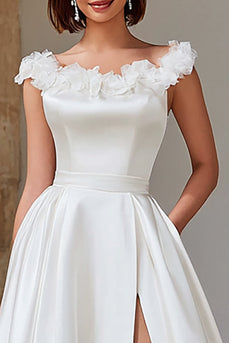 Ivory Satin Princess Boat Neck Long Wedding Dress with Slit