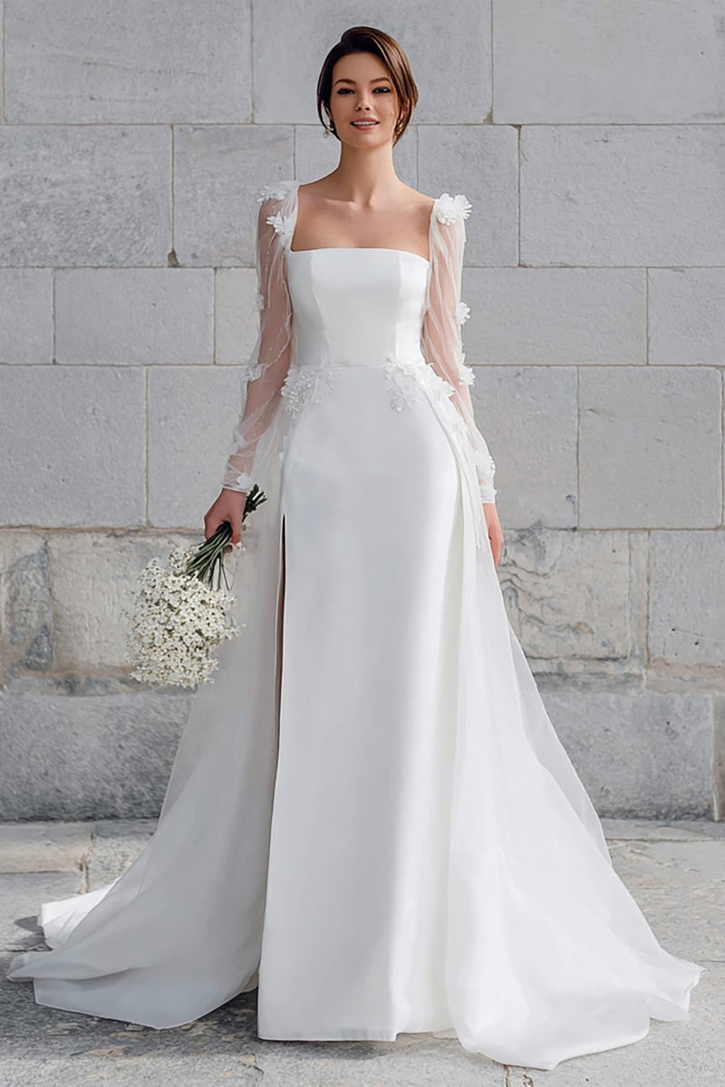 Load image into Gallery viewer, Ivory Square Neck Long Sleeves Sweep Train Wedding Dress with Appliques
