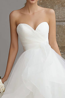 Ivory Organza Sweetheart A-Line Sweep Train Wedding Dress with Ruffles