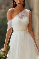 Load image into Gallery viewer, Ivory Tulle One Shoulder A-Line Floor Length Wedding Dress