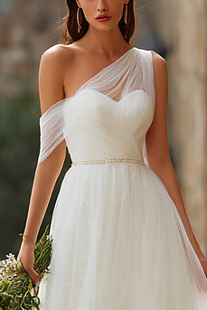 Ivory Tulle One Shoulder A-Line Floor Length Wedding Dress