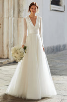 Load image into Gallery viewer, Ivory Tulle V-Neck A-Line Floor Length Wedding Dress with Sleeves