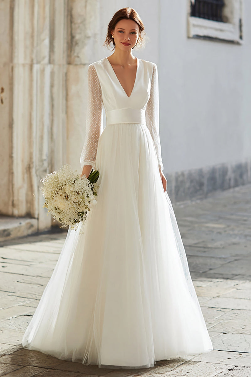 Load image into Gallery viewer, Ivory Tulle V-Neck A-Line Floor Length Wedding Dress with Sleeves
