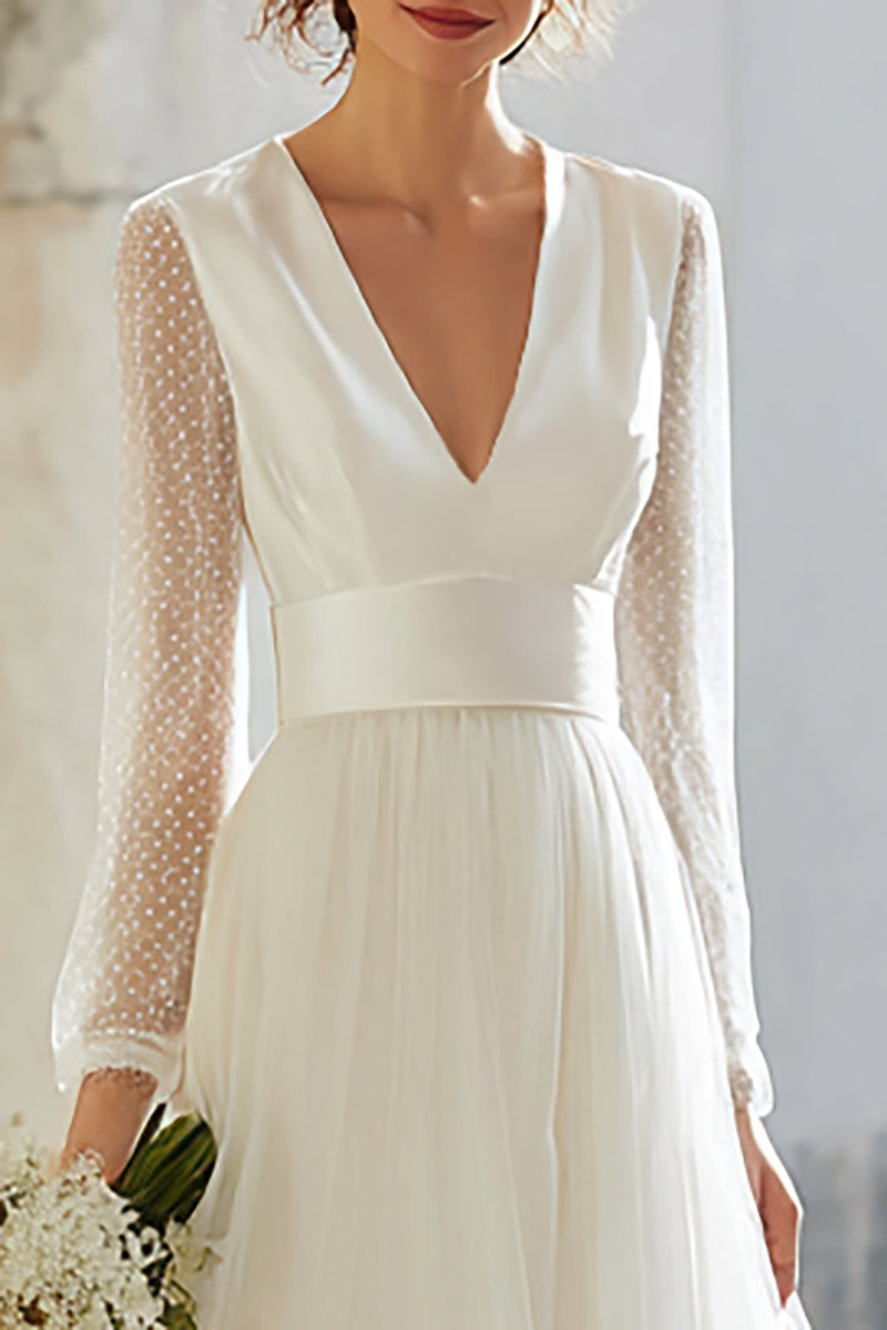 Load image into Gallery viewer, Ivory Tulle V-Neck A-Line Floor Length Wedding Dress with Sleeves