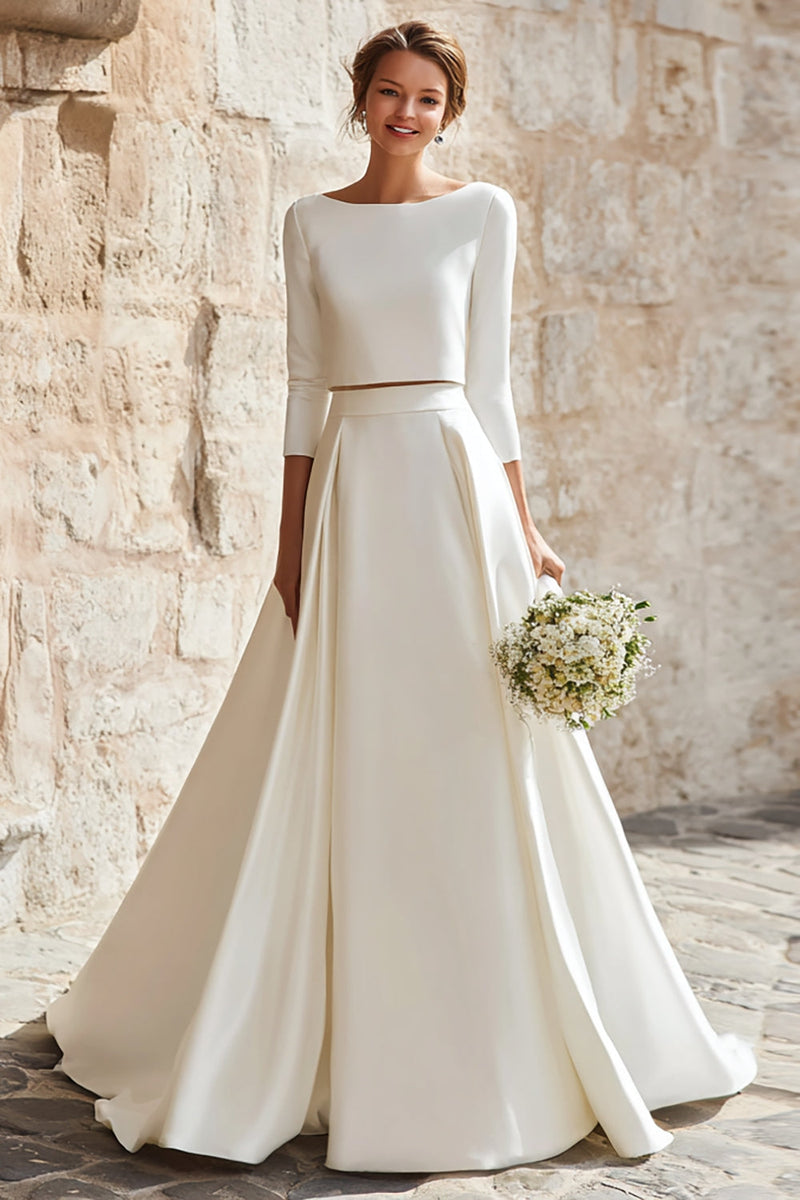 Load image into Gallery viewer, 2 Piece Ivory A-Line Satin Boat Neck Long Sleeves Wedding Dress