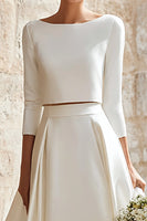 Load image into Gallery viewer, 2 Piece Ivory A-Line Satin Boat Neck Long Sleeves Wedding Dress