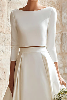 2 Piece Ivory A-Line Satin Boat Neck Long Sleeves Wedding Dress