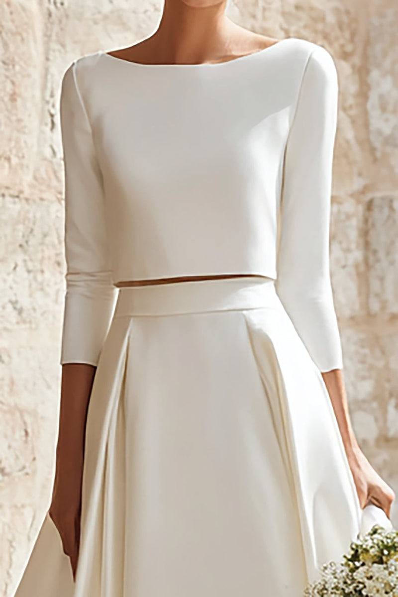 Load image into Gallery viewer, 2 Piece Ivory A-Line Satin Boat Neck Long Sleeves Wedding Dress