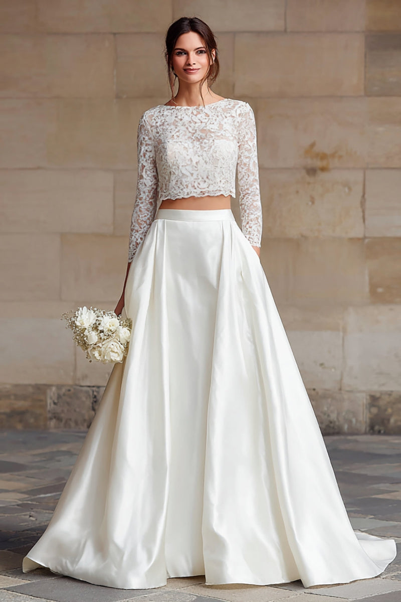 Load image into Gallery viewer, Ivory Satin 2 Piece A-Line Long Sleeves Wedding Dress with Lace