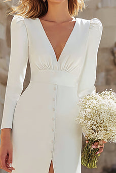 Ivory V-Neck Sheath Long Sleeves Wedding Dress with Slit
