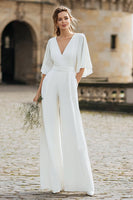 Load image into Gallery viewer, Ivory V-Neck Half Sleeves Long Wedding Jumpsuits with Pockets