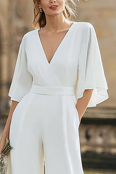 Ivory V-Neck Half Sleeves Long Wedding Jumpsuits with Pockets
