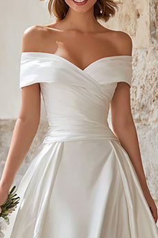 Ivory Satin Off the Shoulder A-Line Sweep Train Wedding Dress