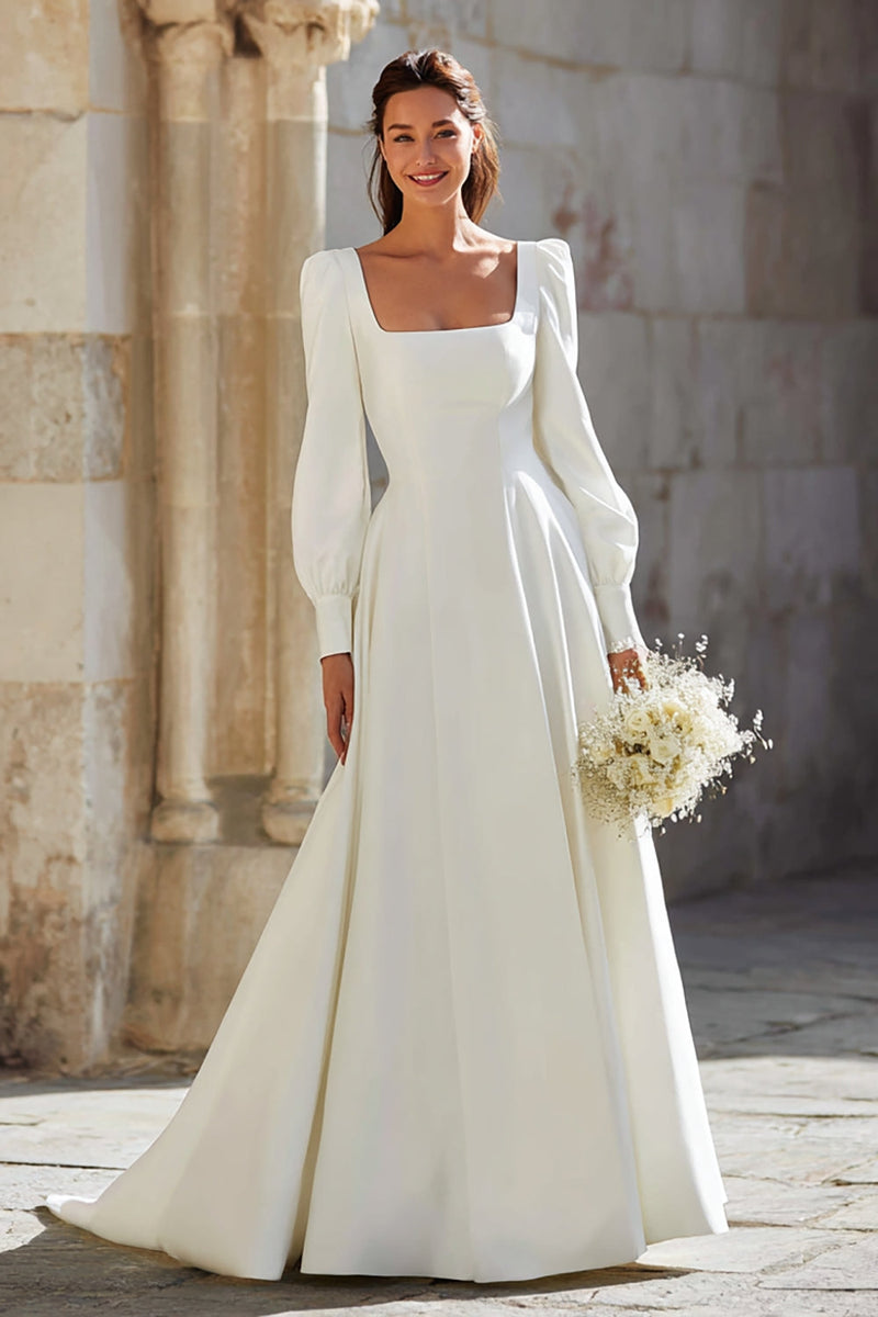 Load image into Gallery viewer, Ivory Square Neck A-Line Sweep Train Wedding Dress with Sleeves