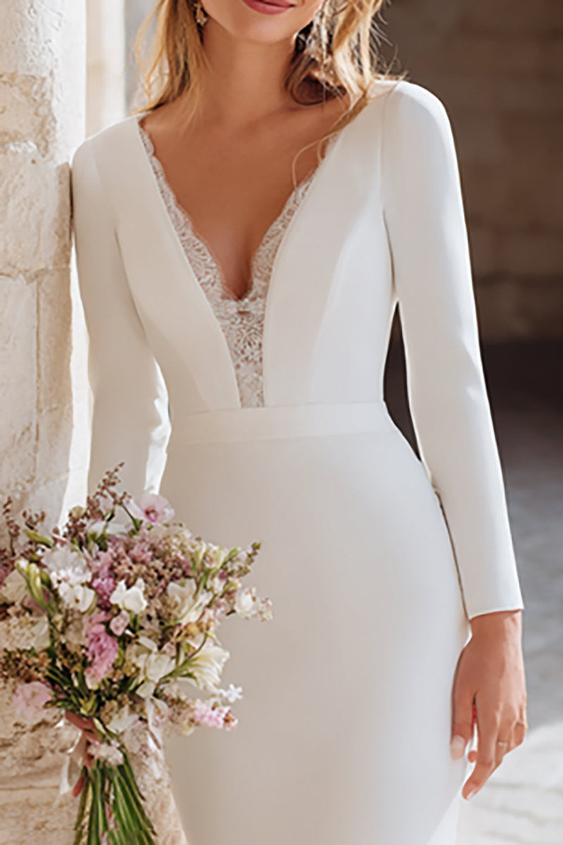 Load image into Gallery viewer, Ivory Mermaid V-Neck Long Sleeves Sweep Train Wedding Dress with Lace