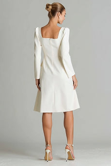 Ivory Satin A Line Long Sleeves Square Neck Midi Work Dress