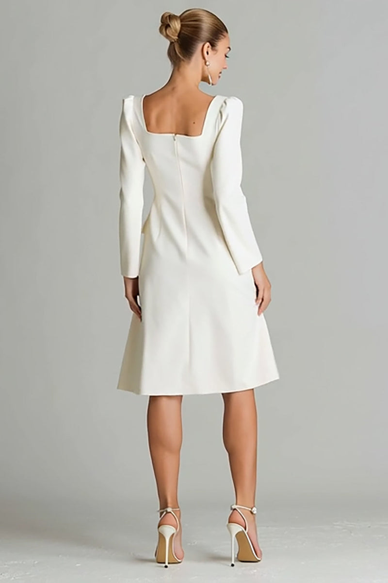 Load image into Gallery viewer, Ivory Satin A Line Long Sleeves Square Neck Midi Work Dress