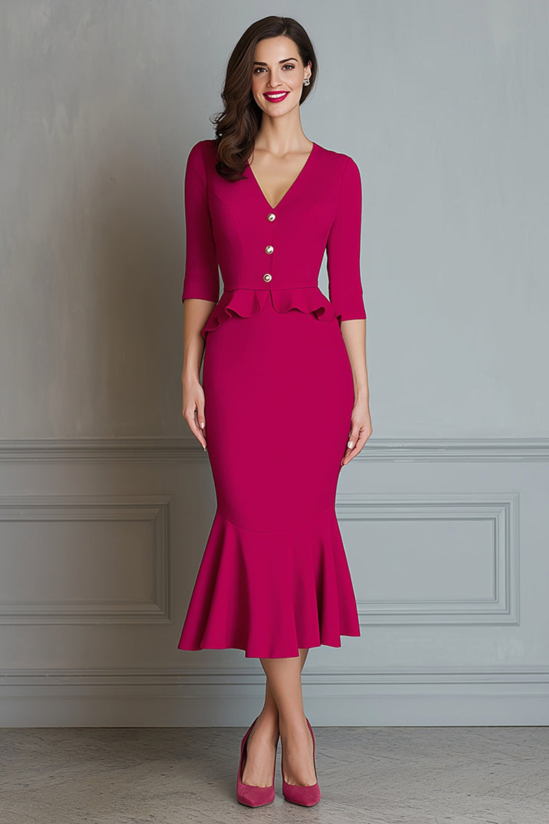 Load image into Gallery viewer, Fuchsia Mermaid V-Neck Half Sleeves Midi Work Dress with Ruffles