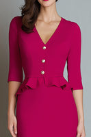 Load image into Gallery viewer, Fuchsia Mermaid V-Neck Half Sleeves Midi Work Dress with Ruffles