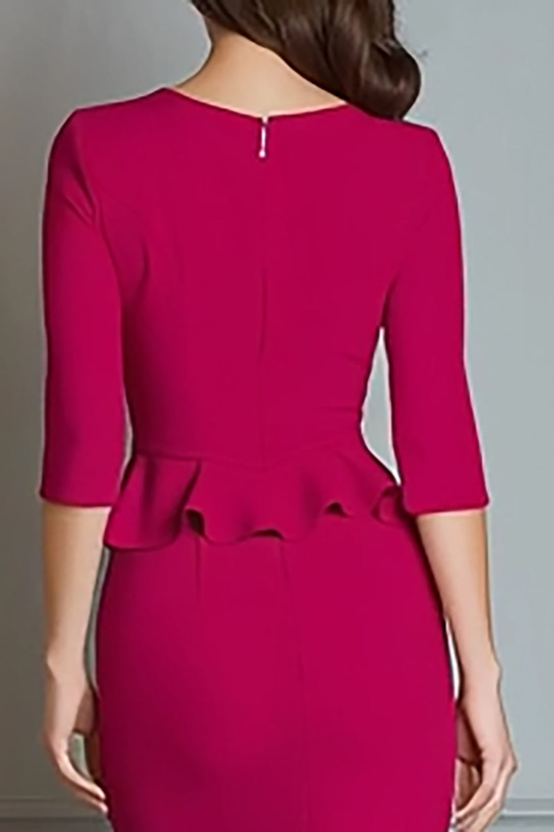 Load image into Gallery viewer, Fuchsia Mermaid V-Neck Half Sleeves Midi Work Dress with Ruffles