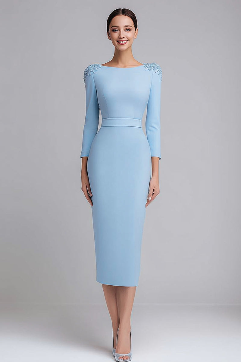 Load image into Gallery viewer, Simple Light Blue Boat Neck Pencil Midi Work Dress with Sleeves