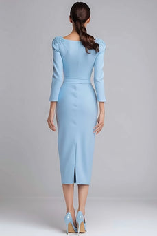 Simple Light Blue Boat Neck Pencil Midi Work Dress with Sleeves