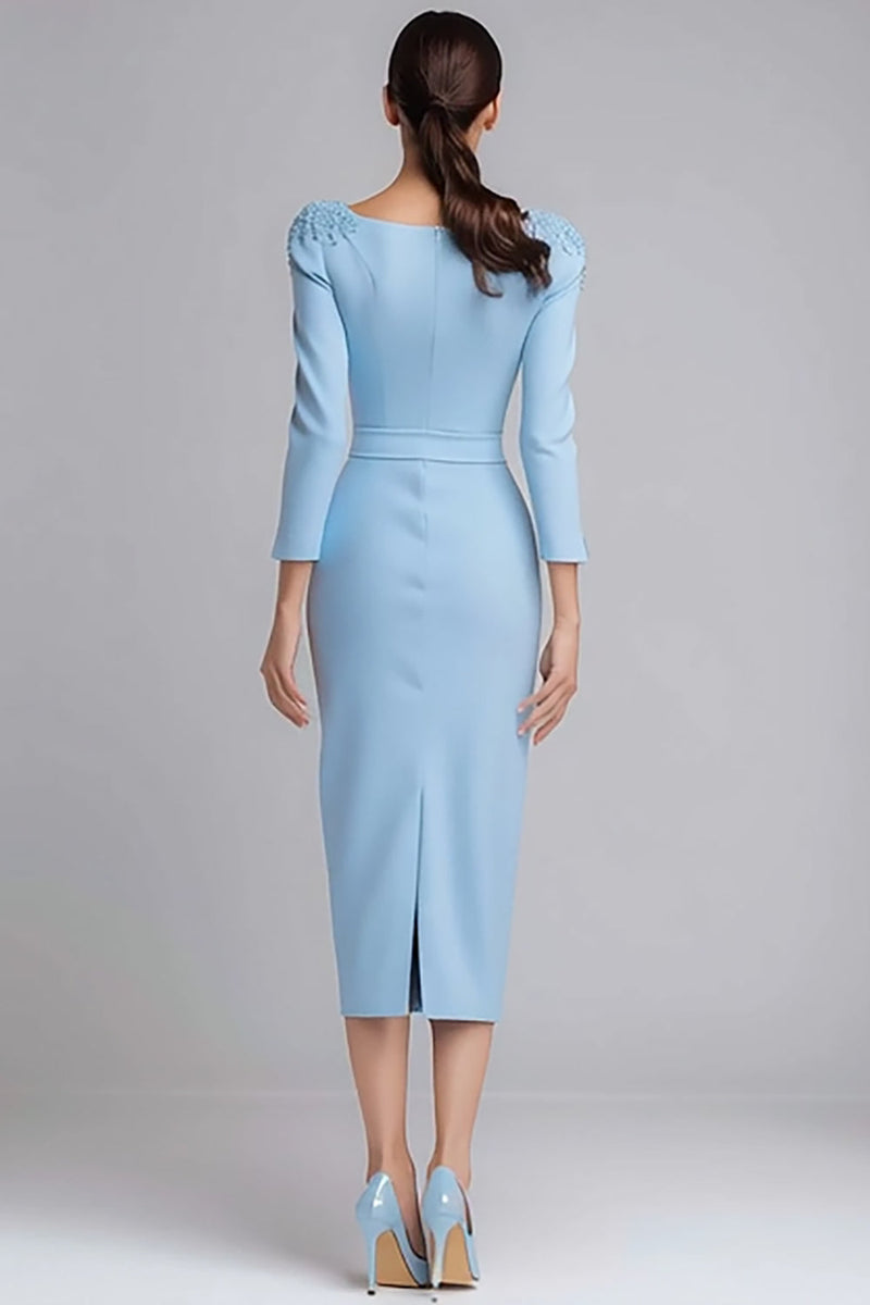 Load image into Gallery viewer, Simple Light Blue Boat Neck Pencil Midi Work Dress with Sleeves
