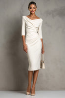 Load image into Gallery viewer, Simple Ivory Ruched Pencil Half Sleeves Midi Work Dress with Slit