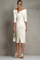 Load image into Gallery viewer, Simple Ivory Ruched Pencil Half Sleeves Midi Work Dress with Slit