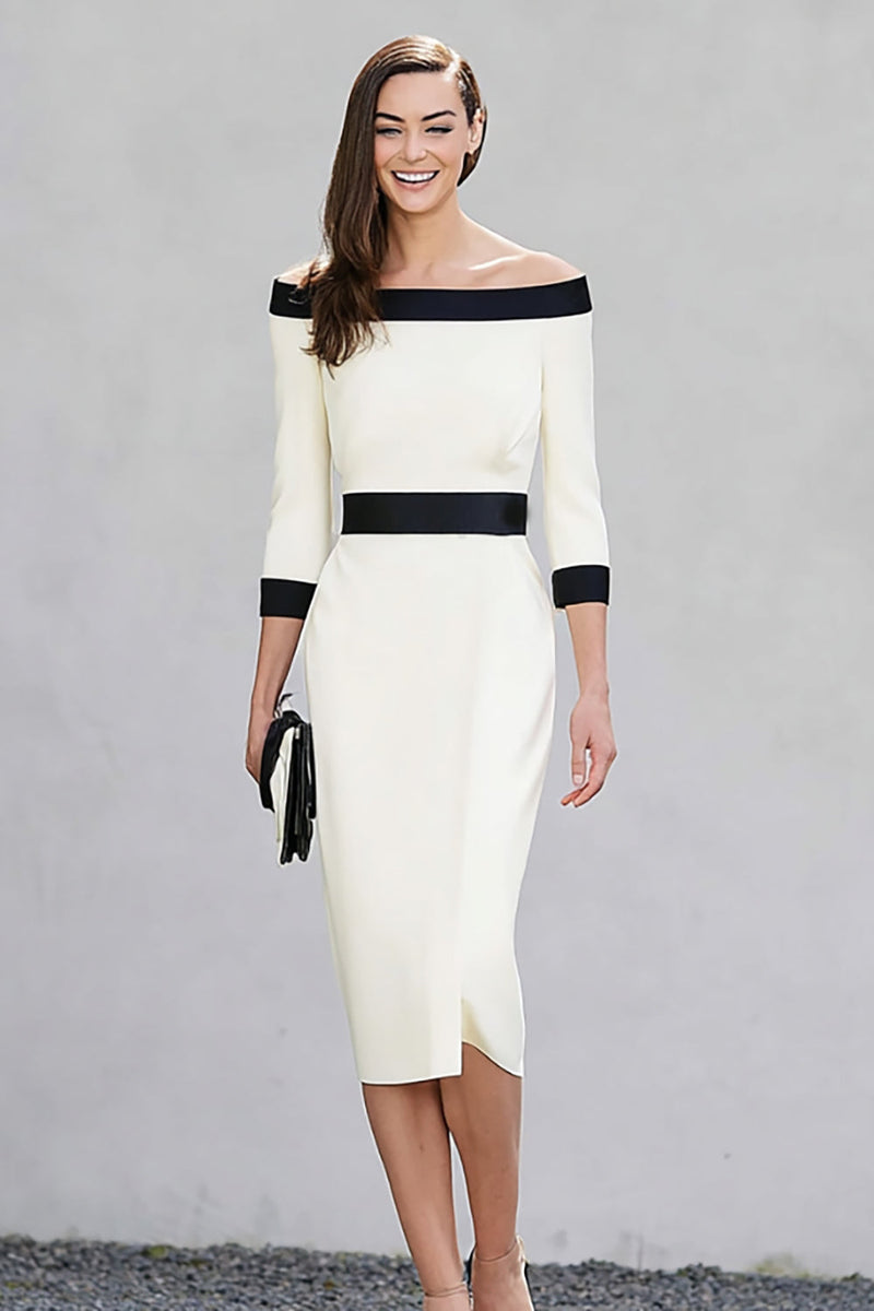Load image into Gallery viewer, Black and White Pencil Off the Shoulder Midi Work Dress with Sleeves