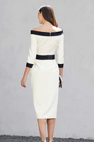 Load image into Gallery viewer, Black and White Pencil Off the Shoulder Midi Work Dress with Sleeves