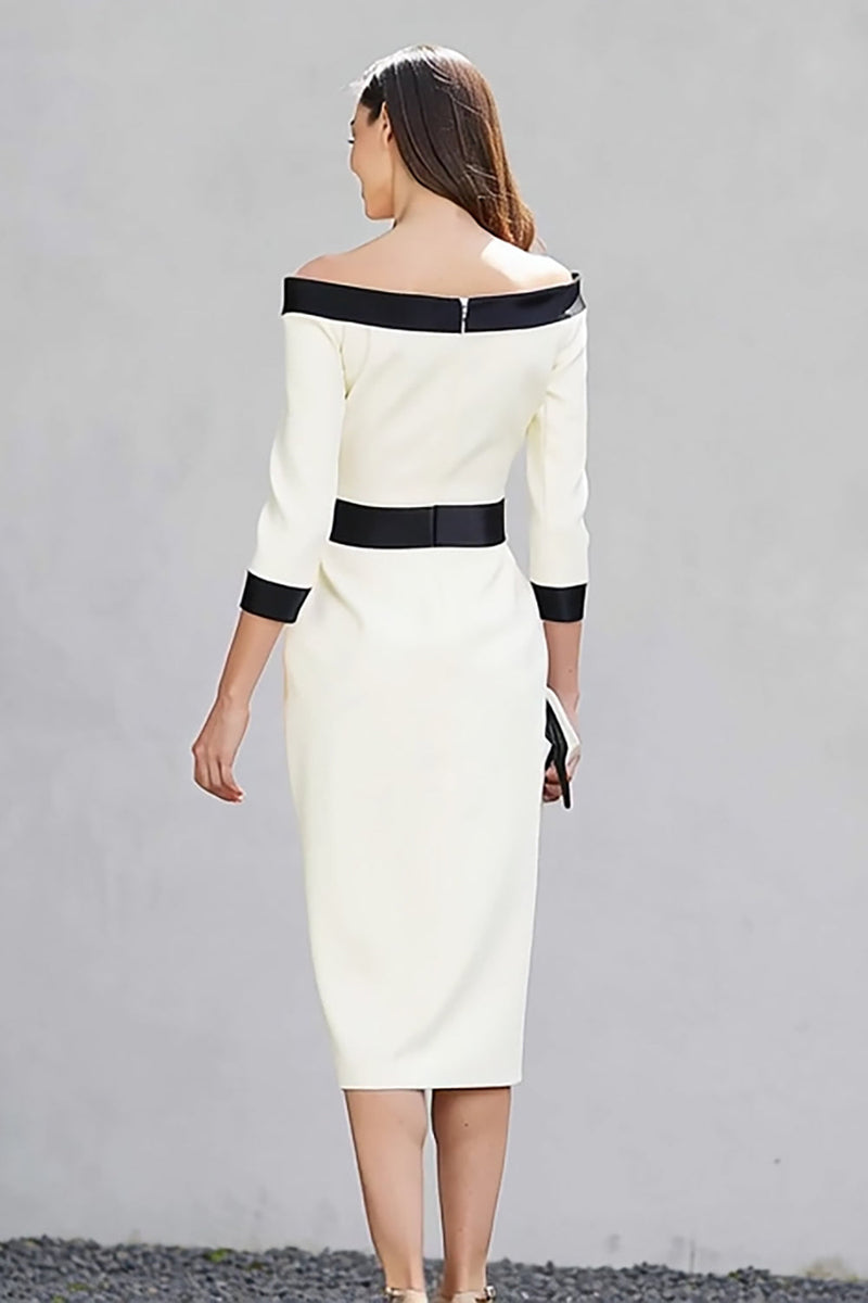 Load image into Gallery viewer, Black and White Pencil Off the Shoulder Midi Work Dress with Sleeves