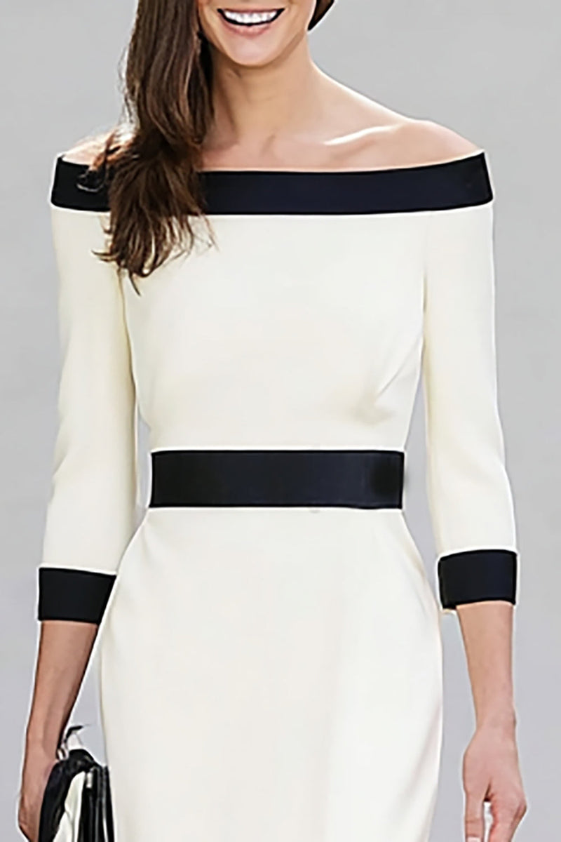 Load image into Gallery viewer, Black and White Pencil Off the Shoulder Midi Work Dress with Sleeves