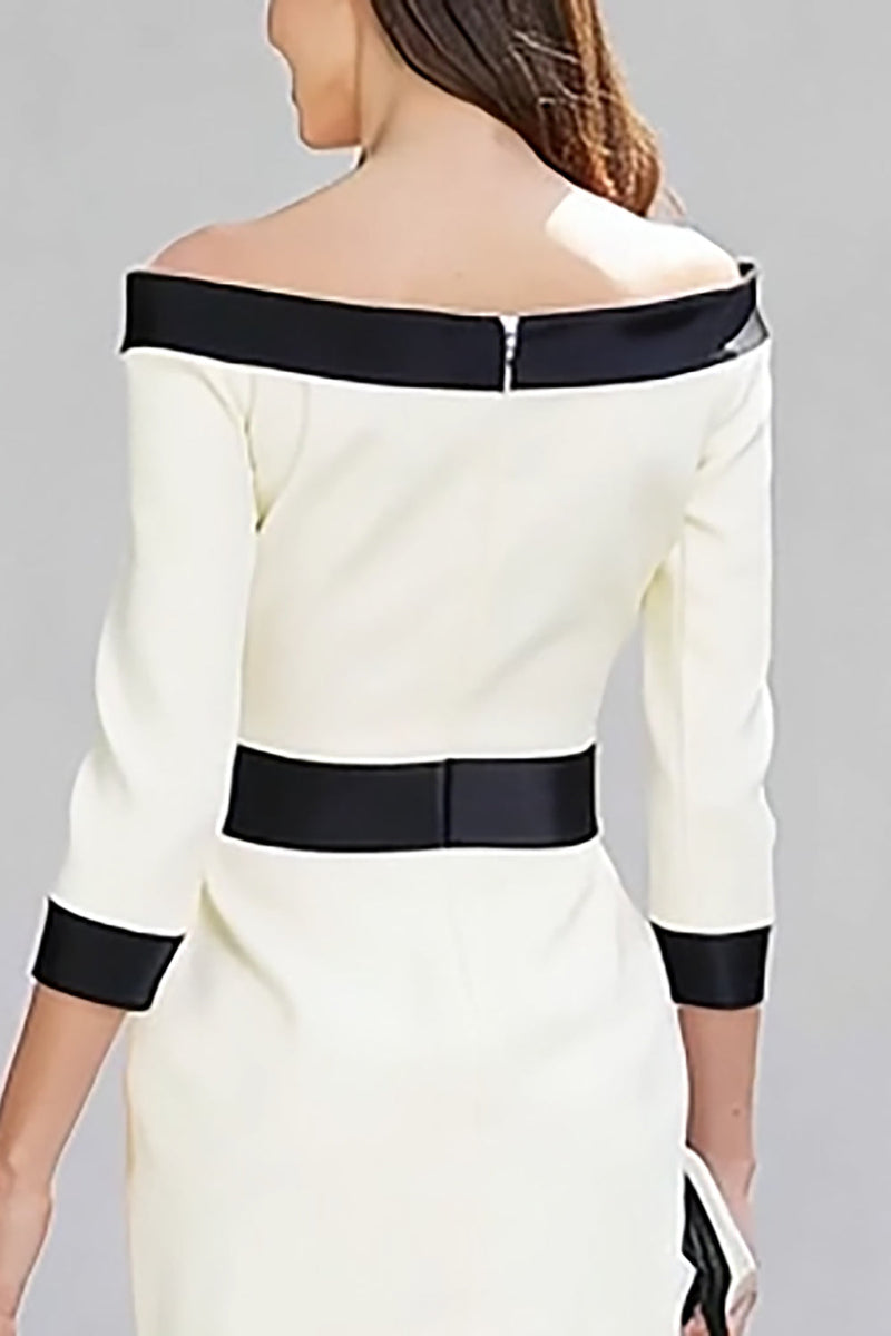 Load image into Gallery viewer, Black and White Pencil Off the Shoulder Midi Work Dress with Sleeves