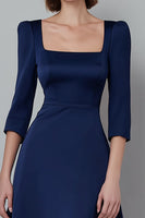 Load image into Gallery viewer, Elegant Navy A Line Satin Square Neck Long Sleeves Work Dress