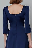 Load image into Gallery viewer, Elegant Navy A Line Satin Square Neck Long Sleeves Work Dress