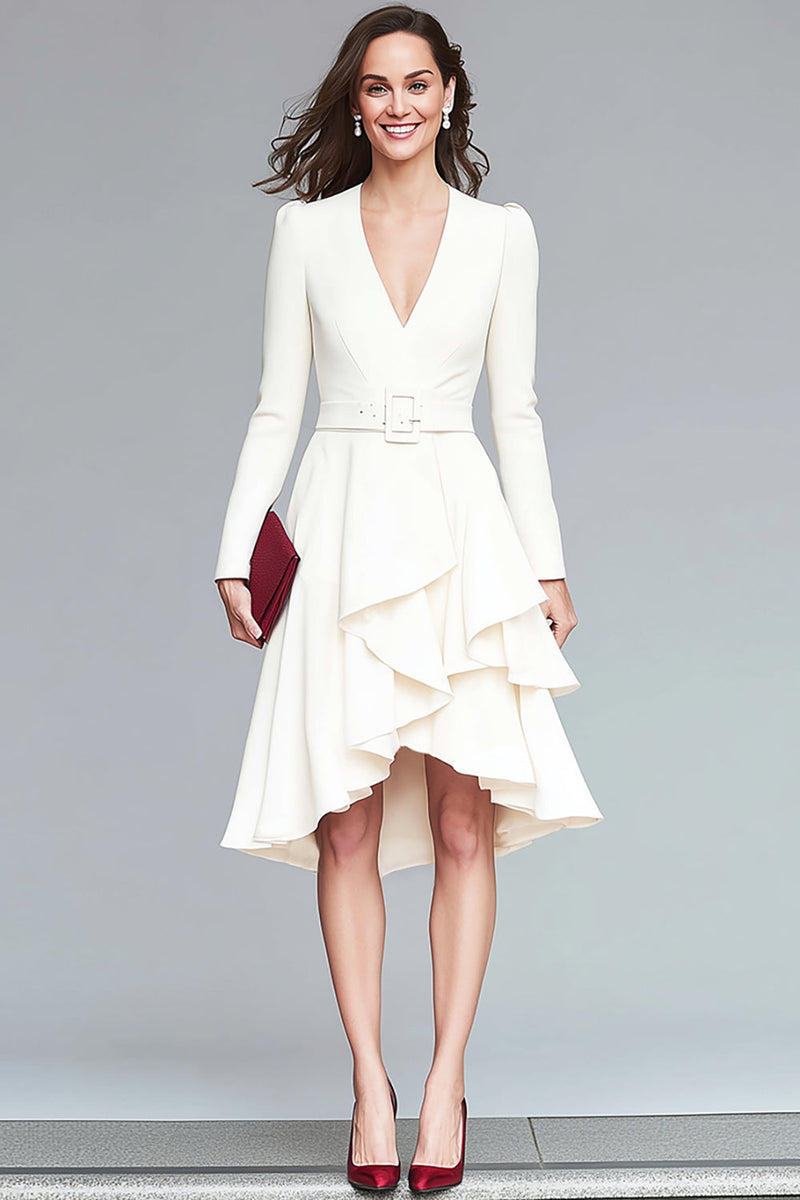Load image into Gallery viewer, Ivory Ruffled V-Neck A Line Long Sleeves High-Low Work Dress with Belts