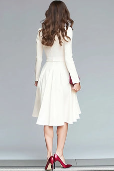 Ivory Ruffled V-Neck A Line Long Sleeves High-Low Work Dress with Belts