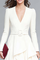 Load image into Gallery viewer, Ivory Ruffled V-Neck A Line Long Sleeves High-Low Work Dress with Belts